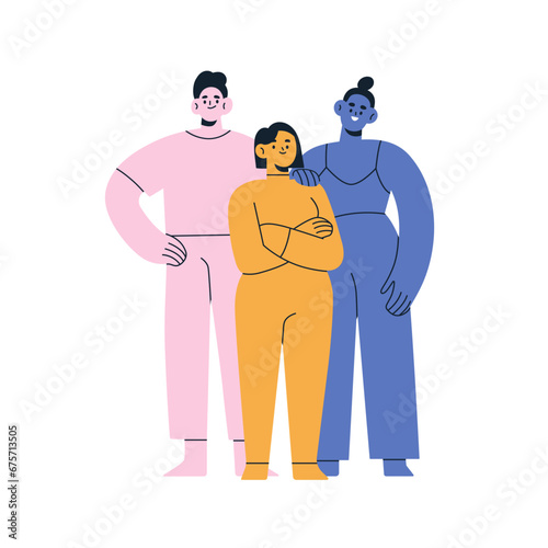 Family portrait. Modern parents and daughter. Young mother, father and kid. Happy smiling mom, dad and child, girl teenager standing together. Flat vector illustration isolated on white background