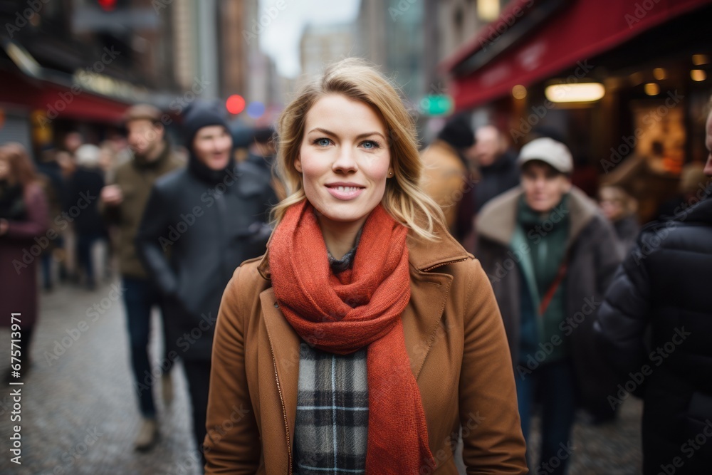 Portrait of a young woman walking in the city on a cold winter day