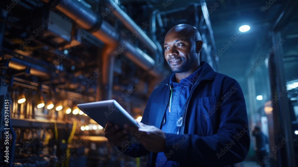 Industry portrait of african engineer holding tablet, background blue power plant control room