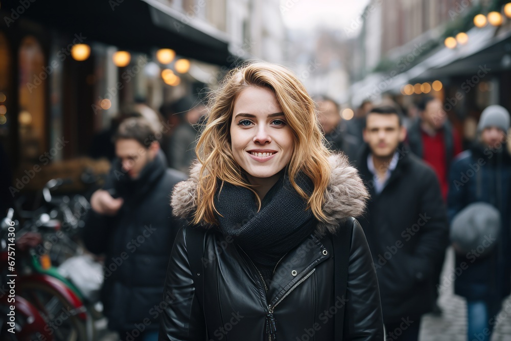 portrait of beautiful young woman on the street of the European city