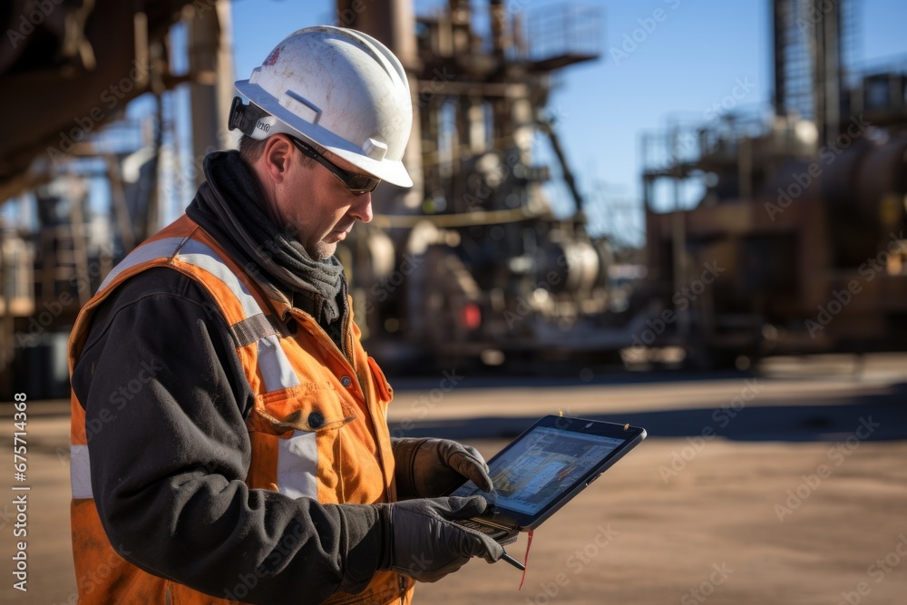 Industry operator use mobile tablet for control drilling rig for exploration of minerals for oil, gas and artisan water - obrazy, fototapety, plakaty 