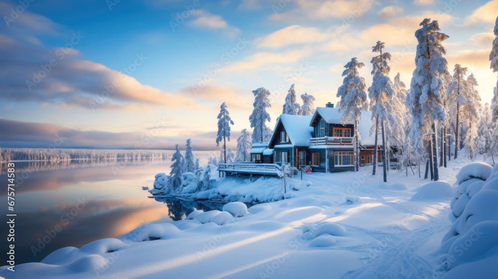 A winter landscape with lots of snow and a cozy house by the lake covered in snow - obrazy, fototapety, plakaty 