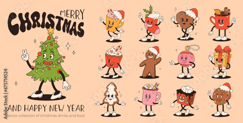Christmas foods and drinks design with coffee, hot cocoa, cookie, gingerbread, present, christmas tree in trendy retro cartoon style. Character in groovy 50s, 60s, 70s Vintage Style