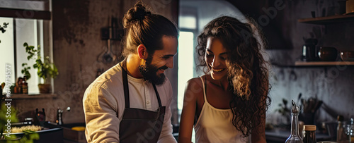 A young woman and a young man cook together