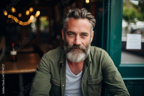 Portrait of a handsome mature man with a beard sitting in a pub.
