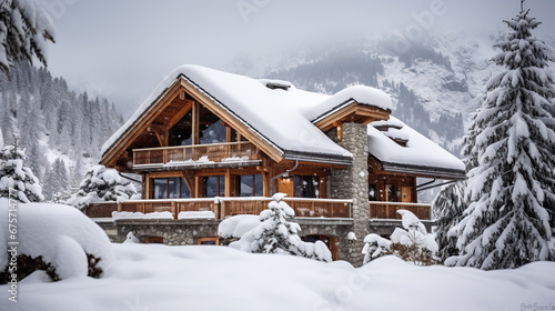 chalet under the snow at a winter resort, mountains, house, architecture, hotel, travel, new year, christmas, postcard, nature, cold, ski season, beauty, landscape, wooden building, roof, windows © Julia Zarubina