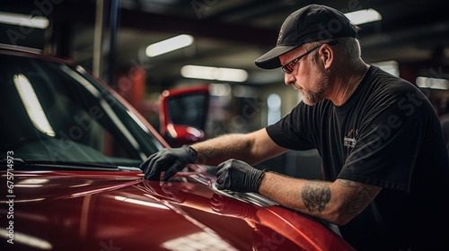 Master mechanic polishes red car with polisher, detailing series © sirisakboakaew