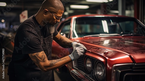 Master mechanic polishes red car with polisher, detailing series photo