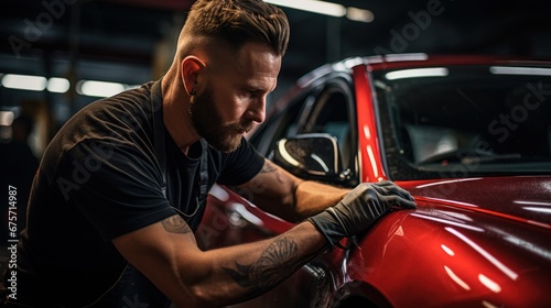 Master mechanic polishes red car with polisher, detailing series © sirisakboakaew