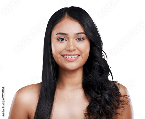 Portrait, hair and woman with beauty, cosmetics and salon treatment isolated on transparent background. Face, person and model with shine, png or grooming with luxury, growth or texture with balayage