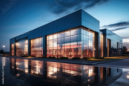 Modern sleek warehouse office building facility exterior architecture.