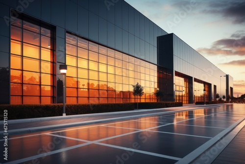 Modern sleek warehouse office building facility exterior architecture.