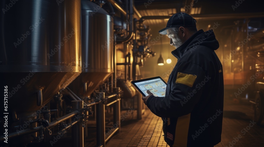 Operator uses tablet computer to check quality and temperature of yeast fermentation in tanker hops and malt, beer Operator uses tablet computer to check quality and temperature of yeast fermentation in tanker hops and malt, beer