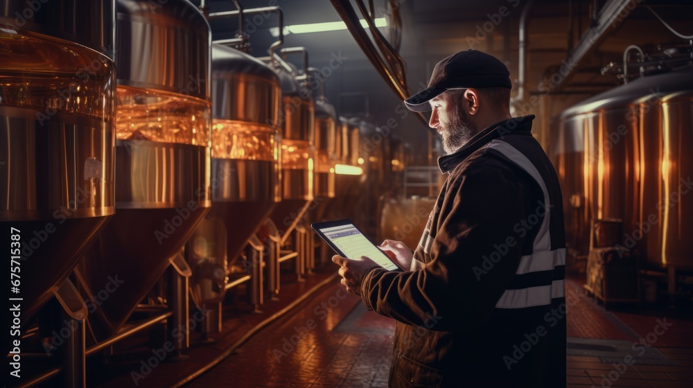 Operator uses tablet computer to check quality and temperature of yeast fermentation in tanker hops and malt, beer