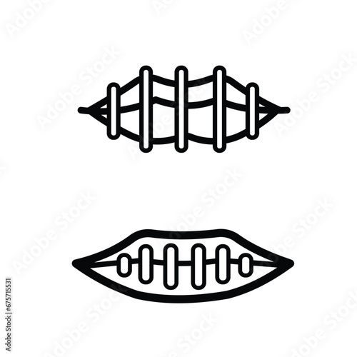 Sewn closed mouth vector icon outline isolated on square white background. Simple flat monochrome black and white cartoon art styled drawing.