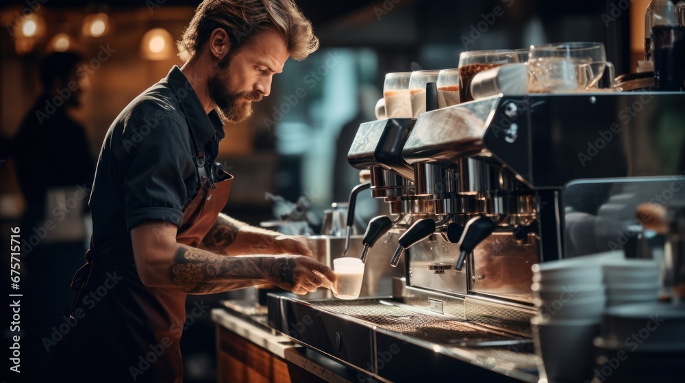 Process of making coffee, professional barista makes drink on coffee machine in cafe