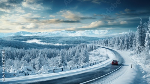 Red car driving on winding road through snowy forest, toning blue. © sirisakboakaew