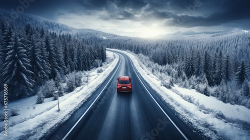 Red car driving on winding road through snowy forest, toning blue.
