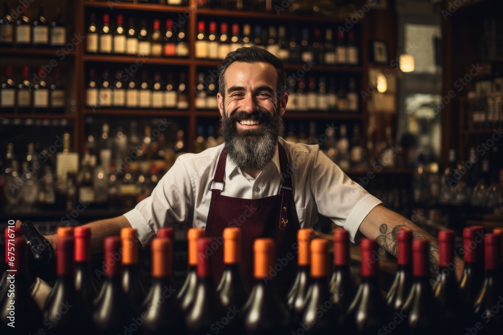 Sommelier Bartender man at wine shop full of bottles with alcohol drinks