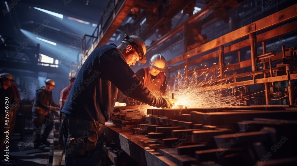 Steel workers fastening crane chain to steel in factory Steel workers fastening crane chain to steel in factory