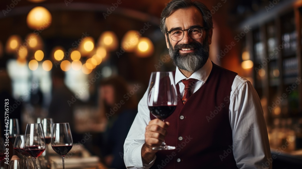 Tasting red wine in restaurant under guidance of sommelier