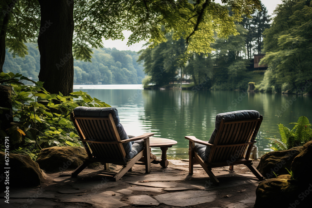 Fototapeta premium Two chairs for relaxing on the bank of a calm river in the forest. Camping, recreation. Generated by artificial intelligence