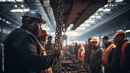 Steel workers fastening crane chain to steel in factory