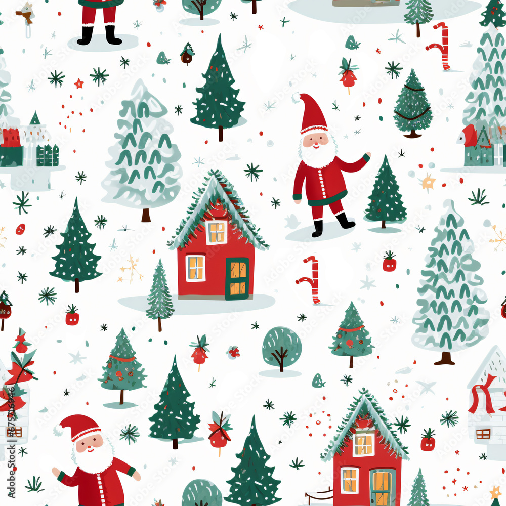 Abstract seamless pattern tile background wallpaper. Merry Christmas theme in vibrant colors. Festival holiday happiness concept of Christmas tree, gift, star, snow, and winter on a white background.