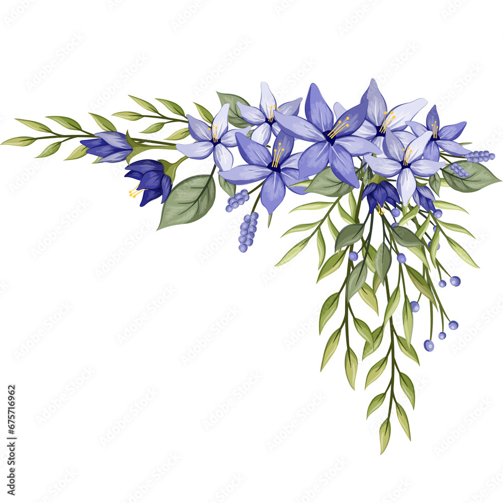 Blue Flower Arrangement Border Watercolor Illustration PNG Transparent Background