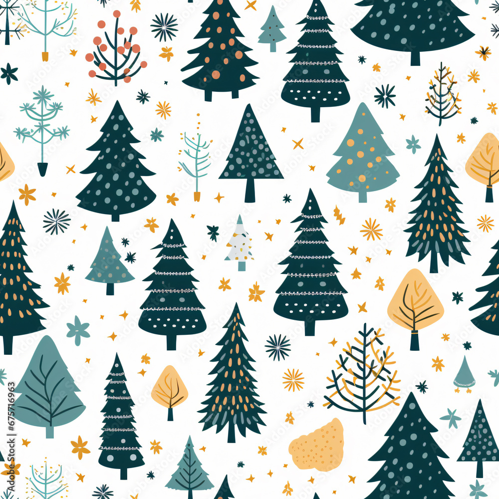 Abstract seamless pattern tile background wallpaper. Merry Christmas theme in vibrant colors. Festival holiday happiness concept of Christmas tree, gift, star, snow, and winter on a white background.