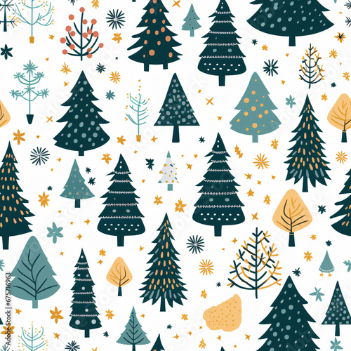 Abstract seamless pattern tile background wallpaper. Merry Christmas theme in vibrant colors. Festival holiday happiness concept of Christmas tree, gift, star, snow, and winter on a white background. © Korakrich