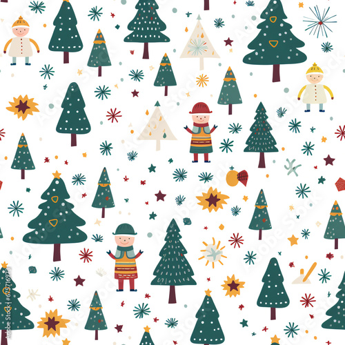 Abstract seamless pattern tile background wallpaper. Merry Christmas theme in vibrant colors. Festival holiday happiness concept of Christmas tree, gift, star, snow, and winter on a white background.