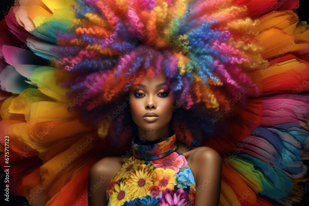 Beautiful stylish African American woman with bright multi-colored hair and beautiful bright clothes Beautiful stylish African American woman with bright multi-colored hair and beautiful bright clothes