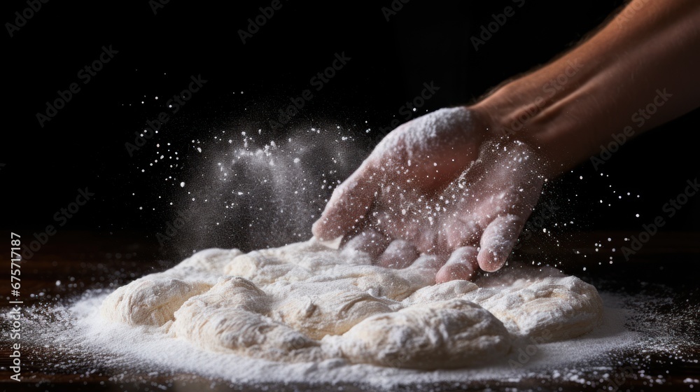 White powder floating on The pastry chef applauds and prepares yeast dough for pizza pasta