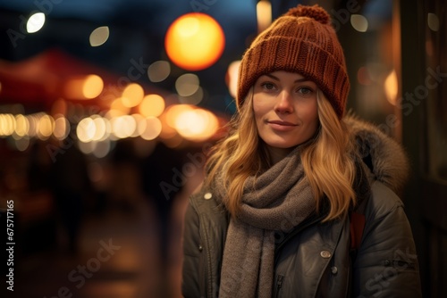 Portrait of a beautiful woman in a hat and scarf at night.
