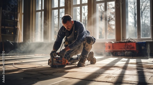 Worker uses a cutting machine Construction worker cutting concrete floor for electrical wires photo