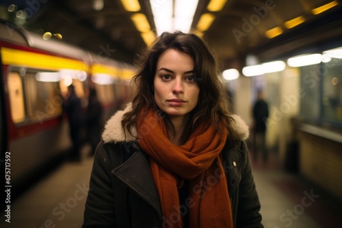 Portrait of a young woman in a subway station at night.