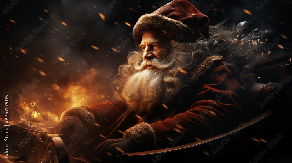 Naklejka premium Funny Santa with white beard riding a deer cart and hurry in Christmas gift delivery at night in snowy background