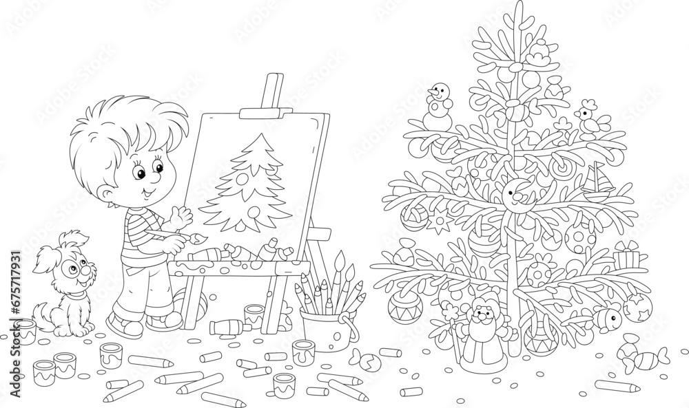 Happy little boy with his merry pup drawing a beautiful Christmas tree decorated with holiday toys, balls and sweets, black and white outline vector cartoon illustration for a coloring book