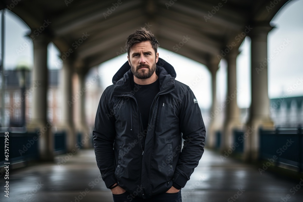 Portrait of a handsome bearded man wearing a black jacket in the city
