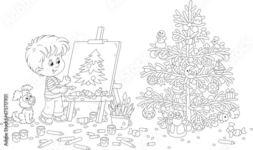 Happy little boy with his merry pup drawing a beautiful Christmas tree decorated with holiday toys, balls and sweets, black and white outline vector cartoon illustration for a coloring book