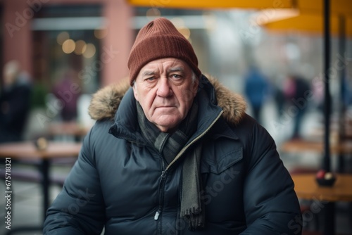 Portrait of an elderly man in winter clothes on the street.