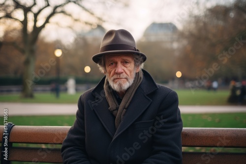 Elderly man in a hat and coat sitting on a bench in the park.