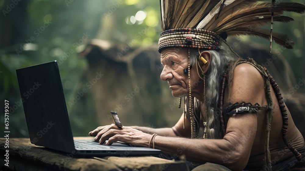 Fototapeta premium Indigenous Man in Traditional Headdress Using Modern Laptop in Dense Jungle