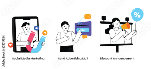 Advertisement illustration with social media marketing, send email advertishing and discount announcement. vector illustration © Hidunggjambu