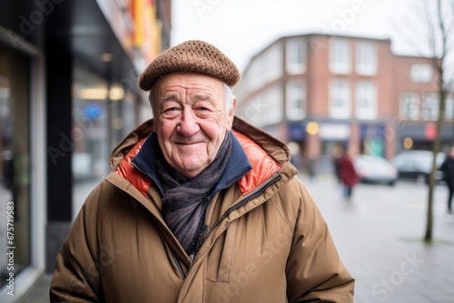 Elderly man in a warm coat and hat on the street © Nerea