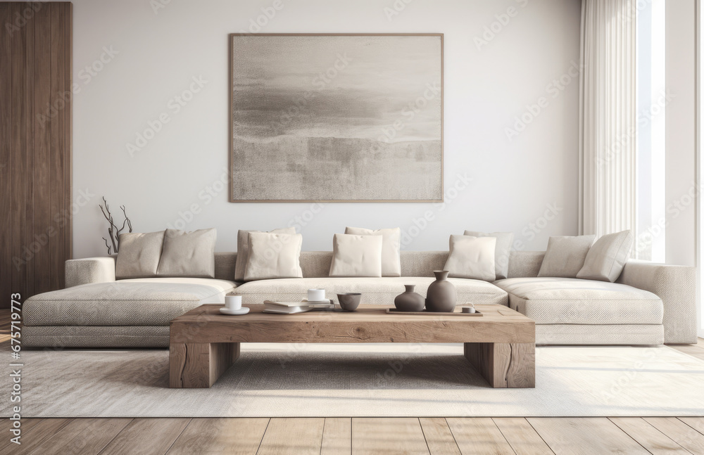 Fototapeta premium Luxurious living room area composition in minimalistic style