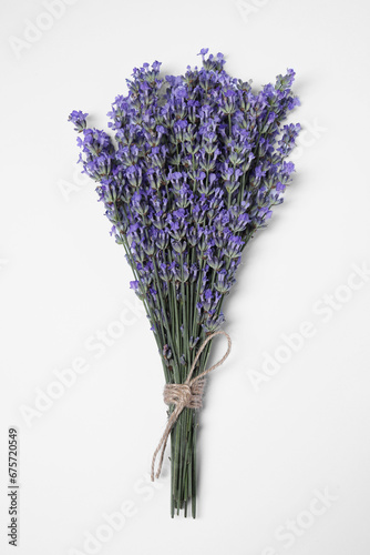 Bunch of aromatic lavender flowers on white background  top view