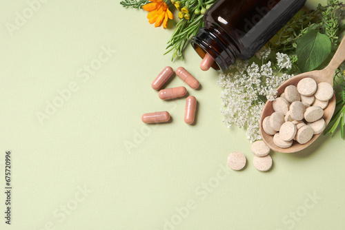 Different pills, herbs and flowers on light green background, flat lay with space for text. Dietary supplements