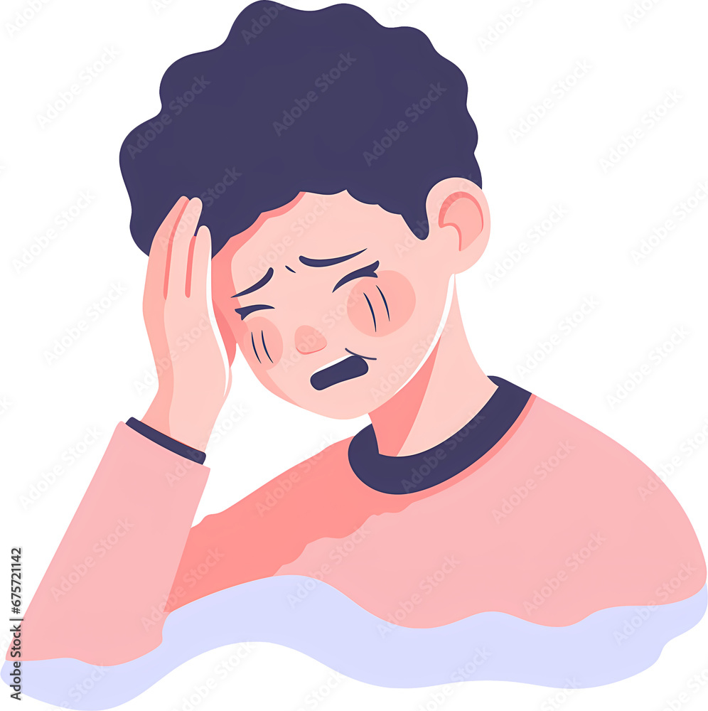 The woman suffers from headaches and migraines. Symptoms of a viral disease. character in the cartoon style. The woman suffers from headaches and migraines. Symptoms of a viral disease. character in the cartoon style.